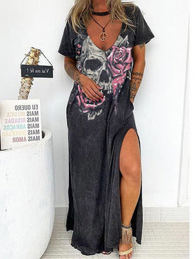 Women's Dresses Loose Skull Print Short Sleeve Slit Dress