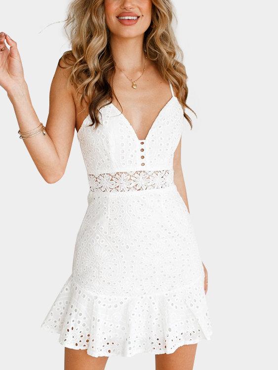 White High-waisted Lace Mini Dress