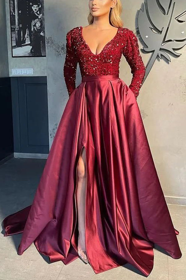 Gorgeous Long Sleeves V-Neck Sequ Satin Prom Dress