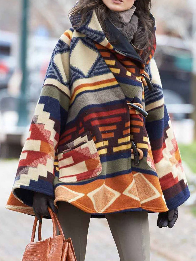Manteau Capuche en Laine Manches Longues Imprimés Multicolores