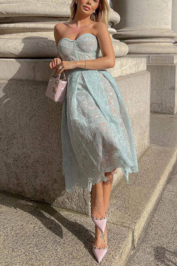 Olivia Floral Embroidered Lace Strapless Midi Dress