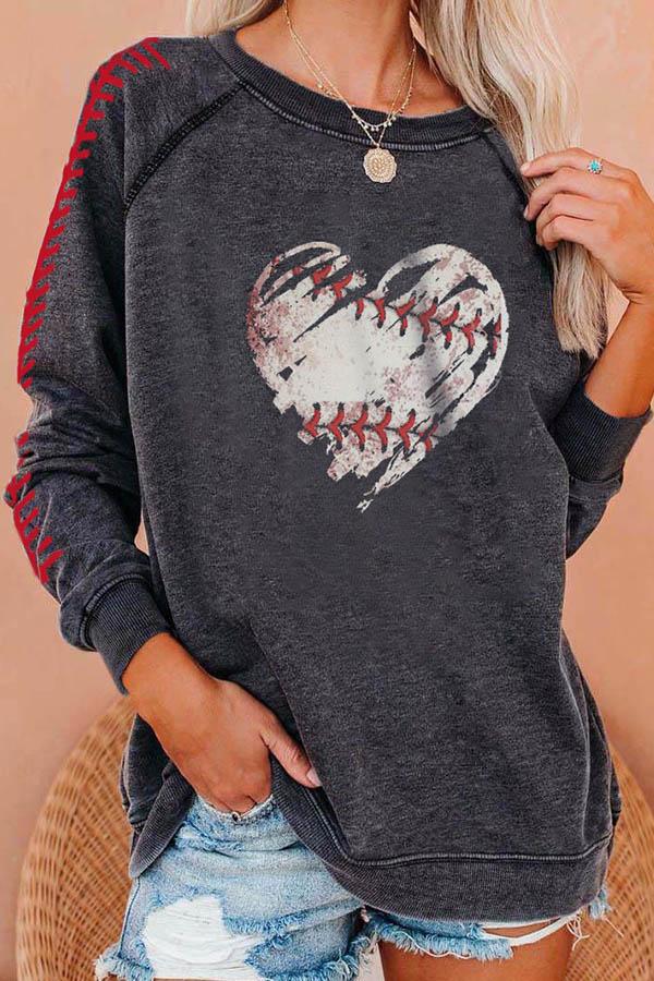 T-shirt Décontracté Manches Raglan Motif de Baseball en Forme de Coeur