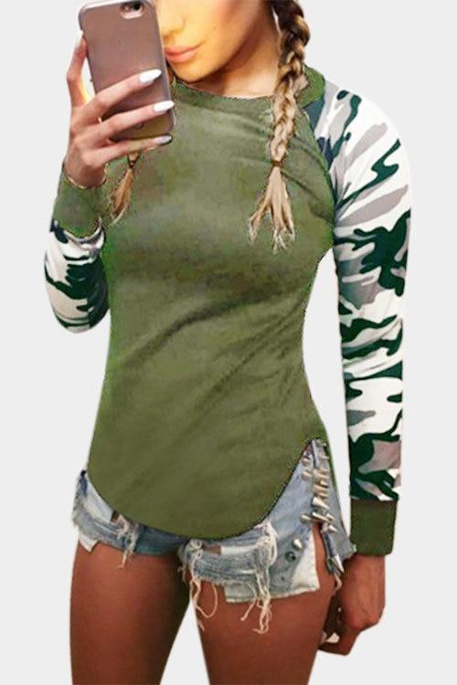 T-shirt Manches Longues Col Rond Manches en Camouflage