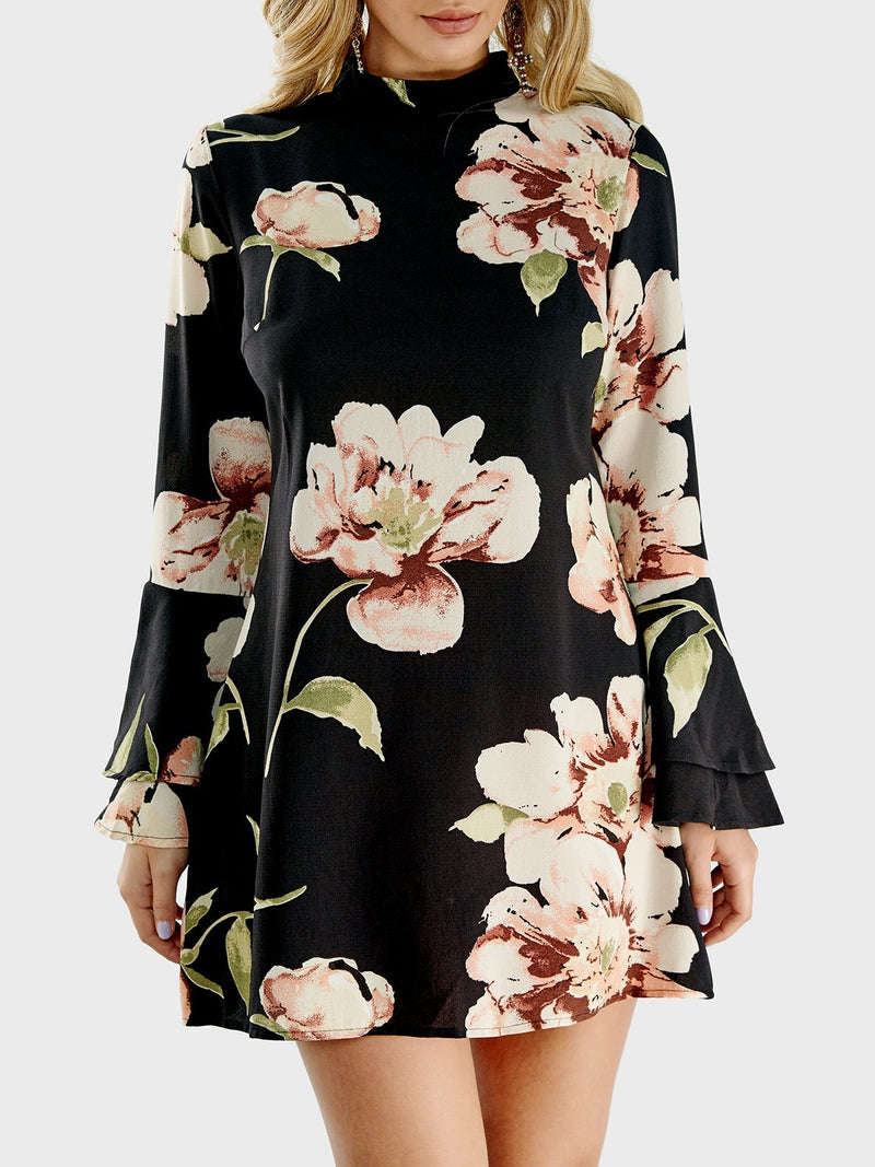 Random Floral Print Perkins Collar Flared Sleeves Mini Dress