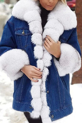 Warm Cozy Denim Fur Parka Casual Coat