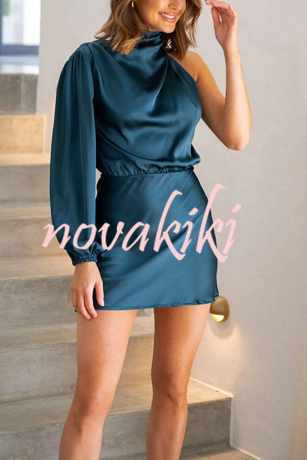 Luxe Doll One Sleeve Elasticated Waist Satin Mini Dress