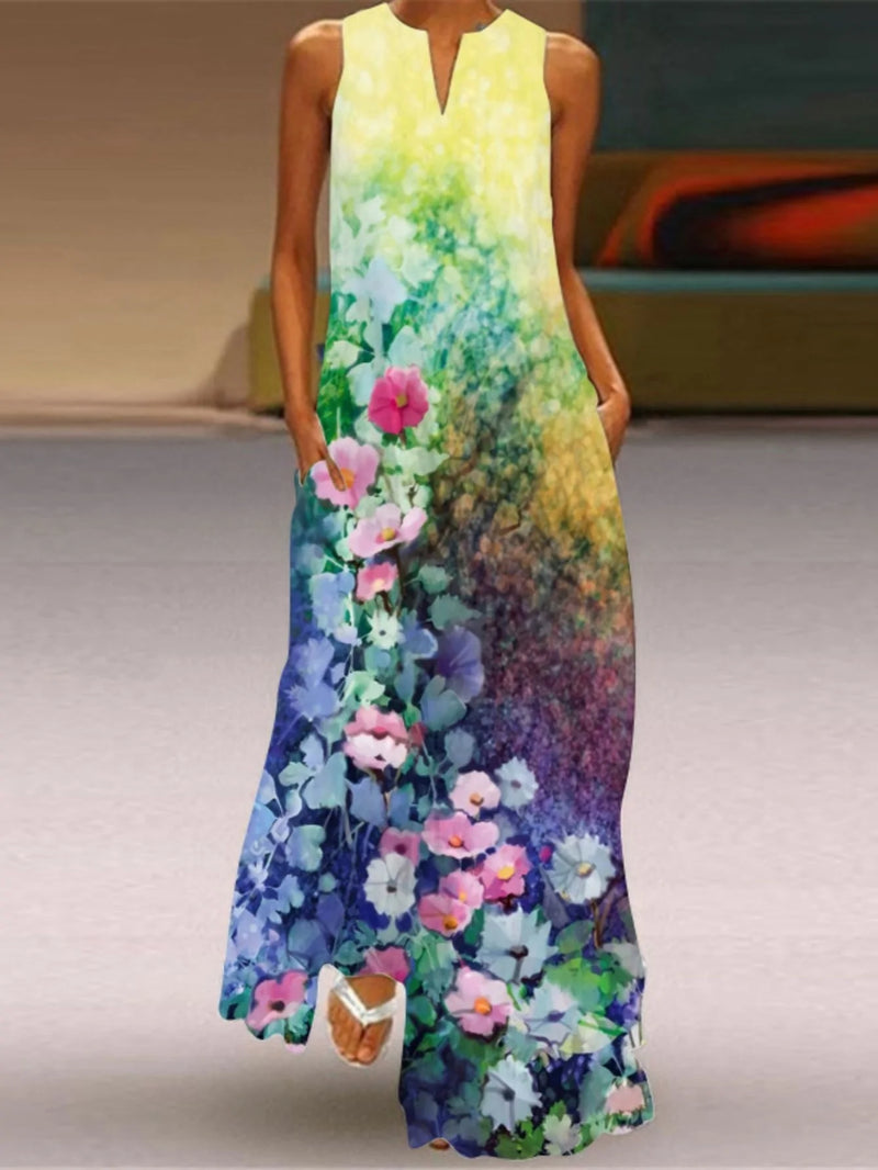 Casual Sleeveless V Neck Colorful Long Maxi Dress