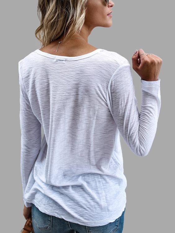 White Round Neck Long Sleeves T-shirts with Front Pocket