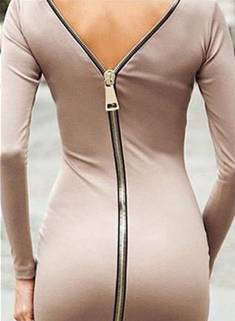 Long Sleeve Back Zip Bodycon Dress - CA Mode