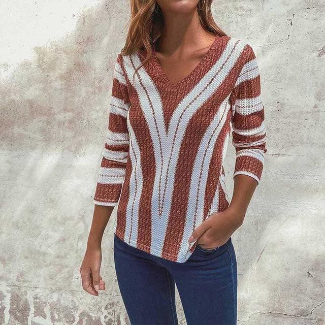 Pull Décontracté Sexy à Rayures Col V
