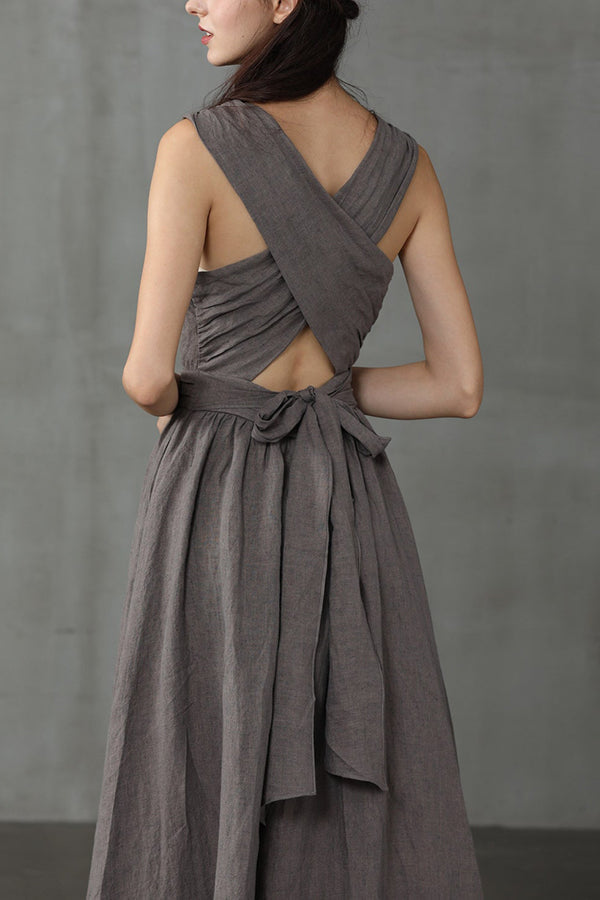 Cross Back O Neck Maxi Linen Dress