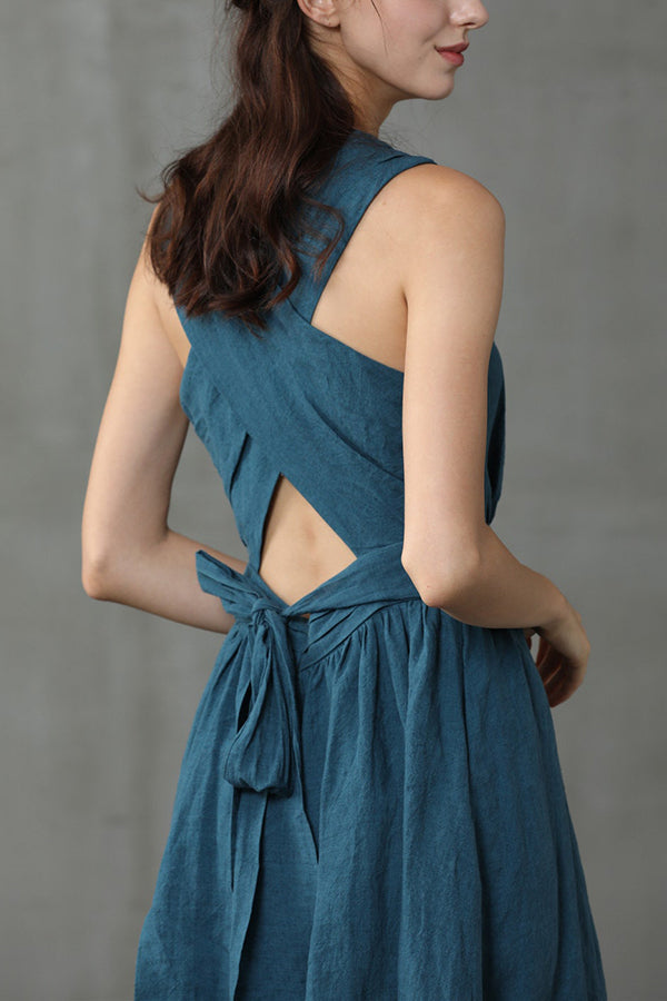 Cross Back O Neck Maxi Linen Dress