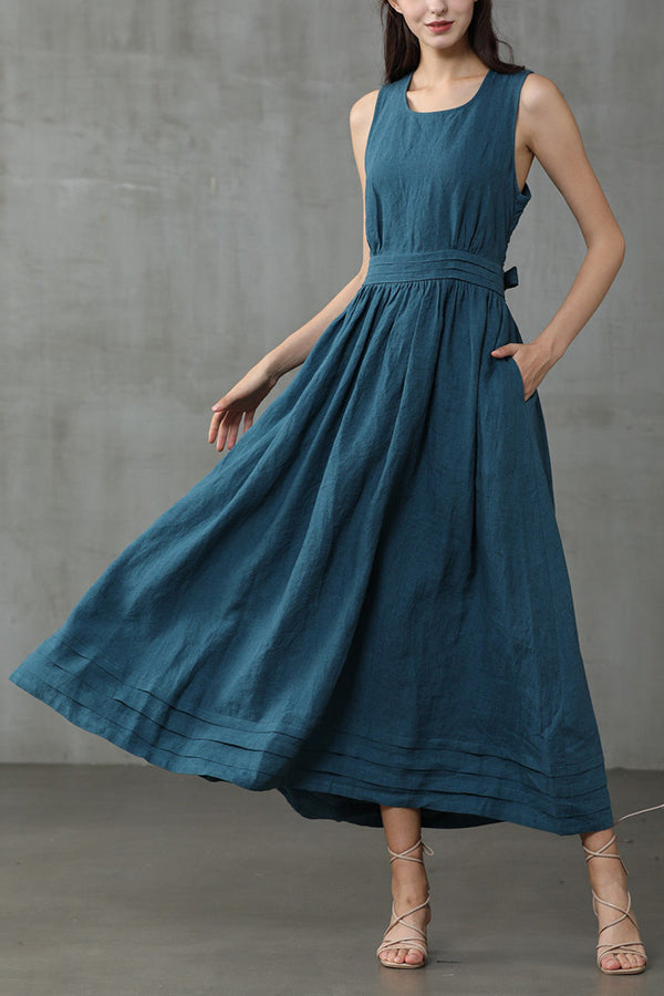 Cross Back O Neck Maxi Linen Dress