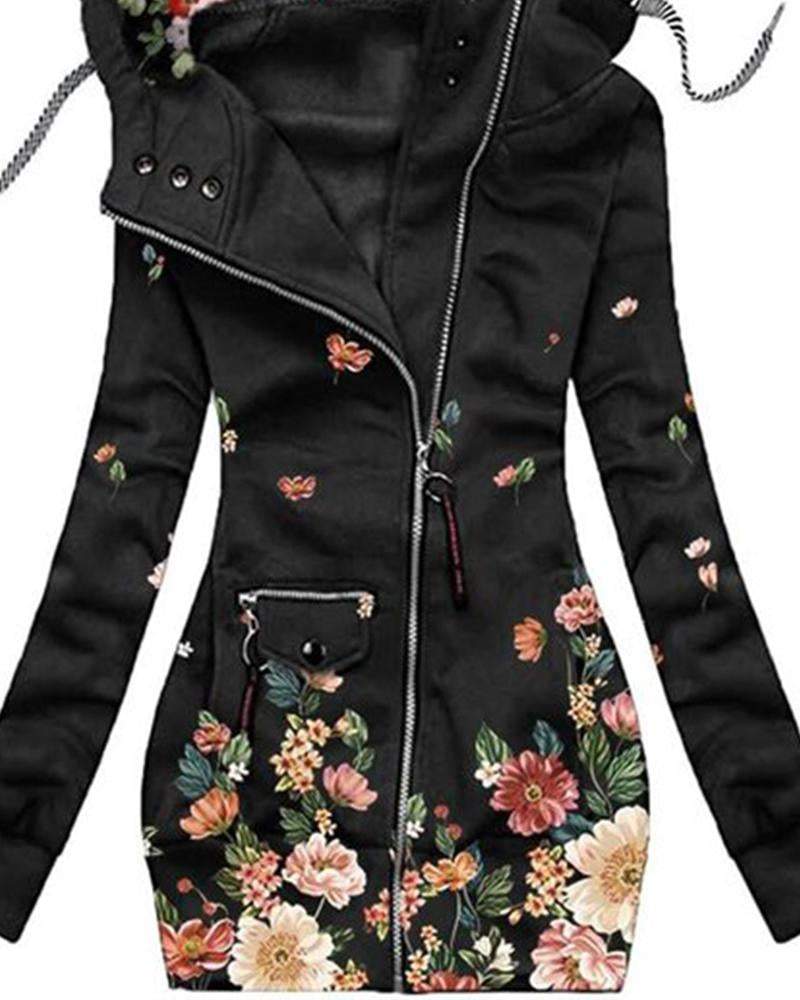 Fashion Printed Long Sleeve Zipper Hooded Jacket