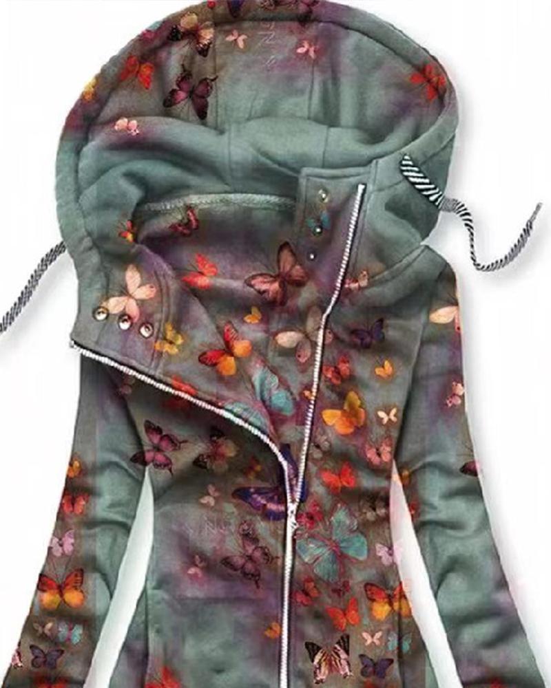 Printed Long Sleeve Zip Hooded Jacket