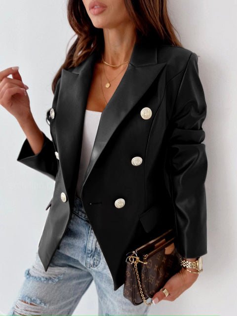 Women's Blazers Double Breasted Long Sleeve PU Leather Blazer