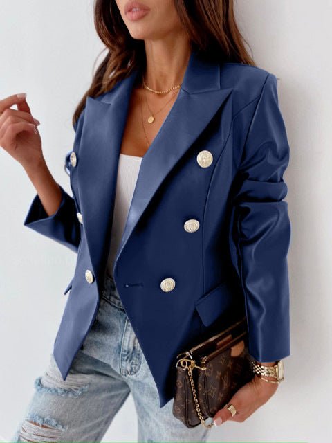 Women's Blazers Double Breasted Long Sleeve PU Leather Blazer