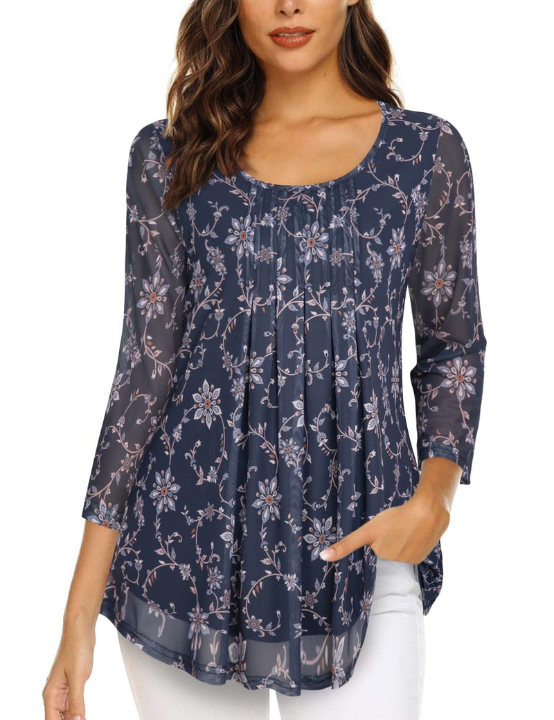 Women's Blouses Casual Loose Floral Pleated Double Layered Blouse