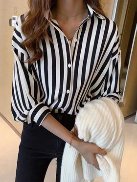 Women's Blouses Long Sleeve Collar Button Stripe Blouse