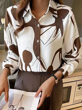 Women's Blouses Long Sleeve Stand Collar Button Printed Blouse