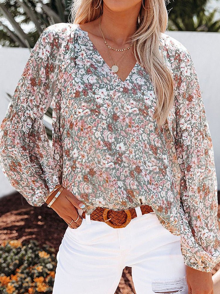 Women's Blouses V Neck Floral Chiffon Lantern Sleeve Blouse