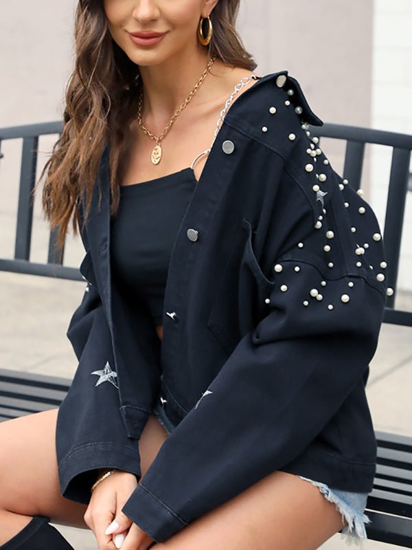 Women's Coats Embroidered Beaded Loose Black Denim Coat