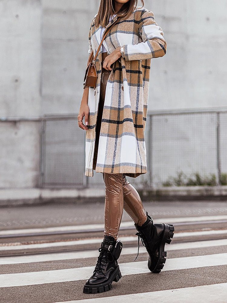 Women's Coats Lapel Plaid Print Wool Coat