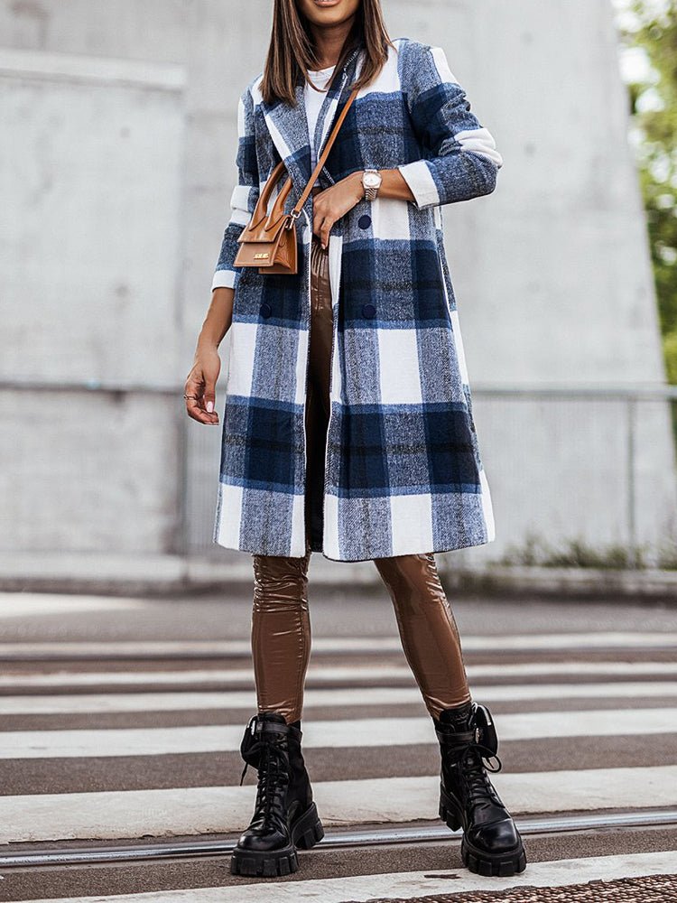 Women's Coats Lapel Plaid Print Wool Coat