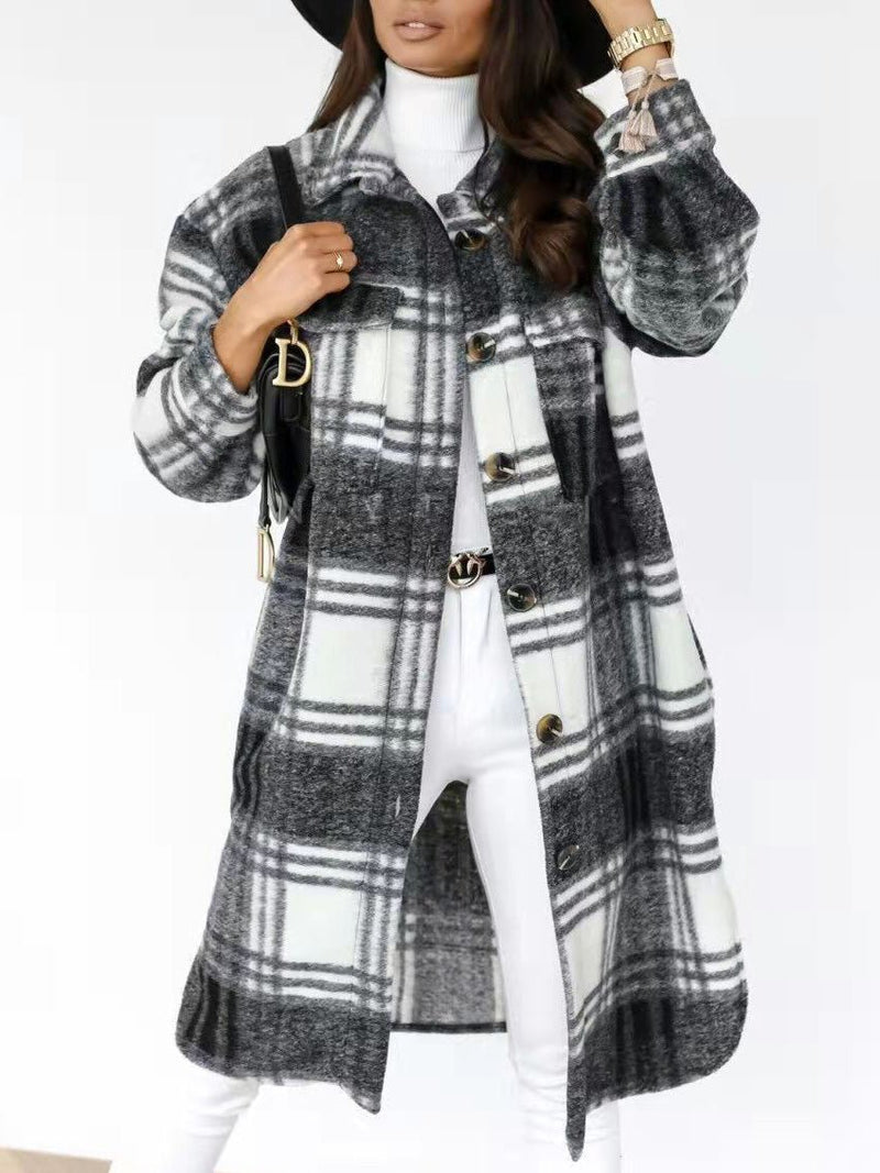 Women's Coats Single Breasted Plaid Brushed Mid Length Wool Coat