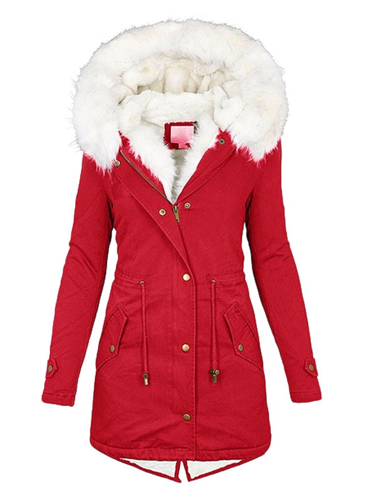 Women's Coats Zip Pocket Fur Collar Hooded Thermal Fleece Coat