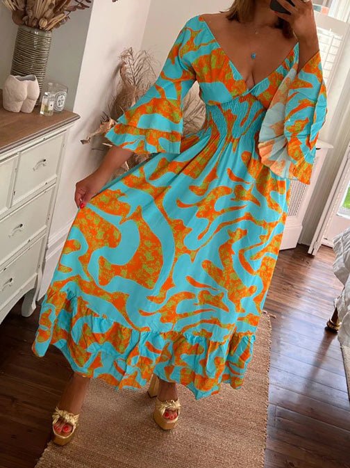 Women's Dresses Bohemian Print V-Neck Ruffle Dress