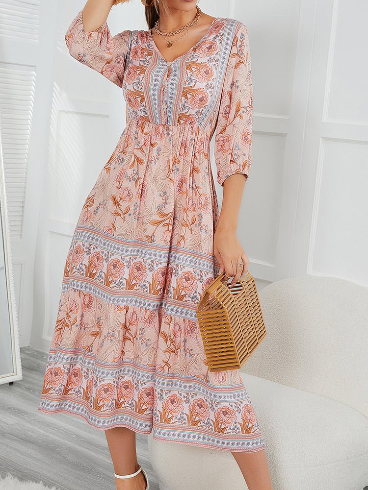 Women's Dresses Bohemian Printed Medium Sleeve Midi Dress