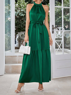 Women's Dresses Casual Neck Hanging Solid Color Waist Closing Maxi Dress