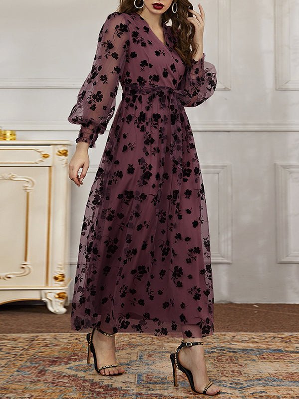 Women's Dresses Casual V-Neck Floral Print Lace High-Waist Midi Dress