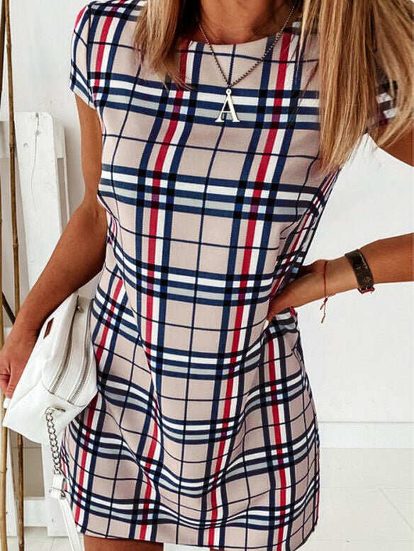 Women's Dresses Check Print Short Sleeve Slim Fit Dress