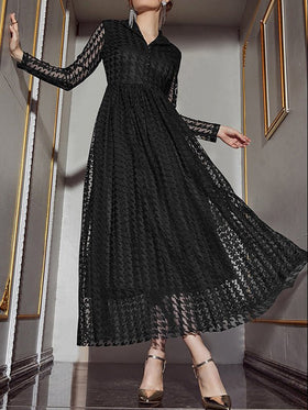 Women's Dresses Fashion Casual Mesh Hollowed V-Neck Long-sleeved Maxi Dress