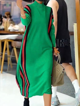 Women's Dresses Knitted Strip Turtleneck Midi Dress