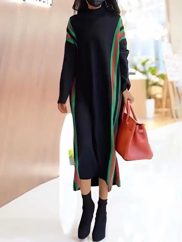 Women's Dresses Knitted Strip Turtleneck Midi Dress