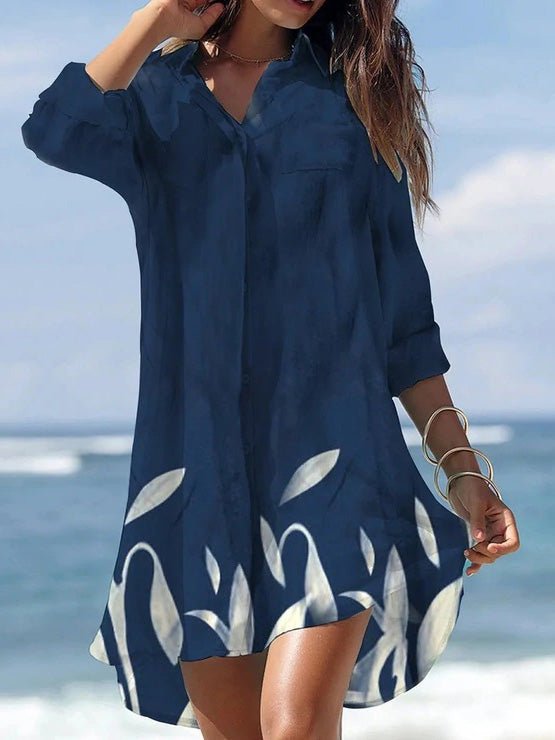 Women's Dresses Loose Print Pocket Long Sleeve Shirt Dress