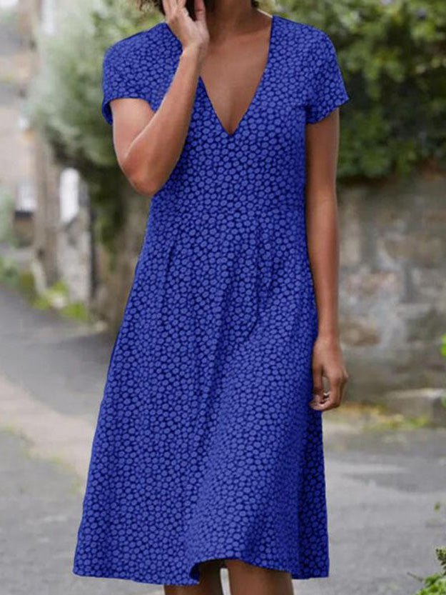 Robe Midi Manches Courtes Col V à Pois