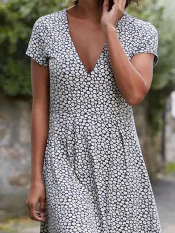 Robe Midi Manches Courtes Col V à Pois