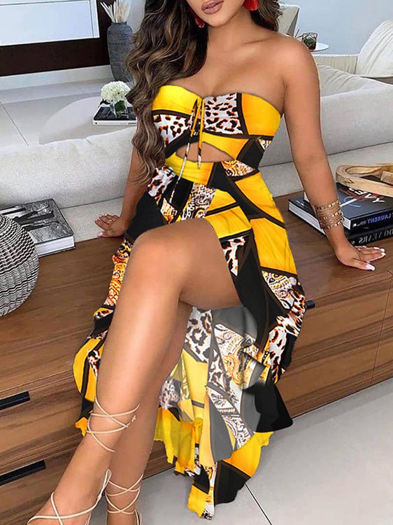 Women's Dresses Printed Off-The-Shoulder Ruffled Slit Dress