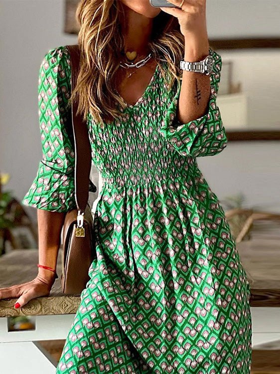 Women's Dresses Printed V-Neck Mid-Sleeve Ruffle Dress