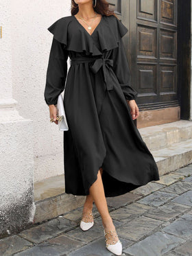 Women's Dresses Ruffle V-Neck Solid Color Split Long Sleeve Midi Dress