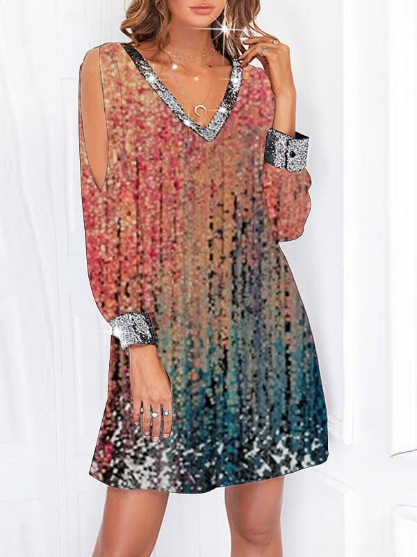 Women's Dresses Sequin Panel Print Off Shoulder Long Sleeve Dress