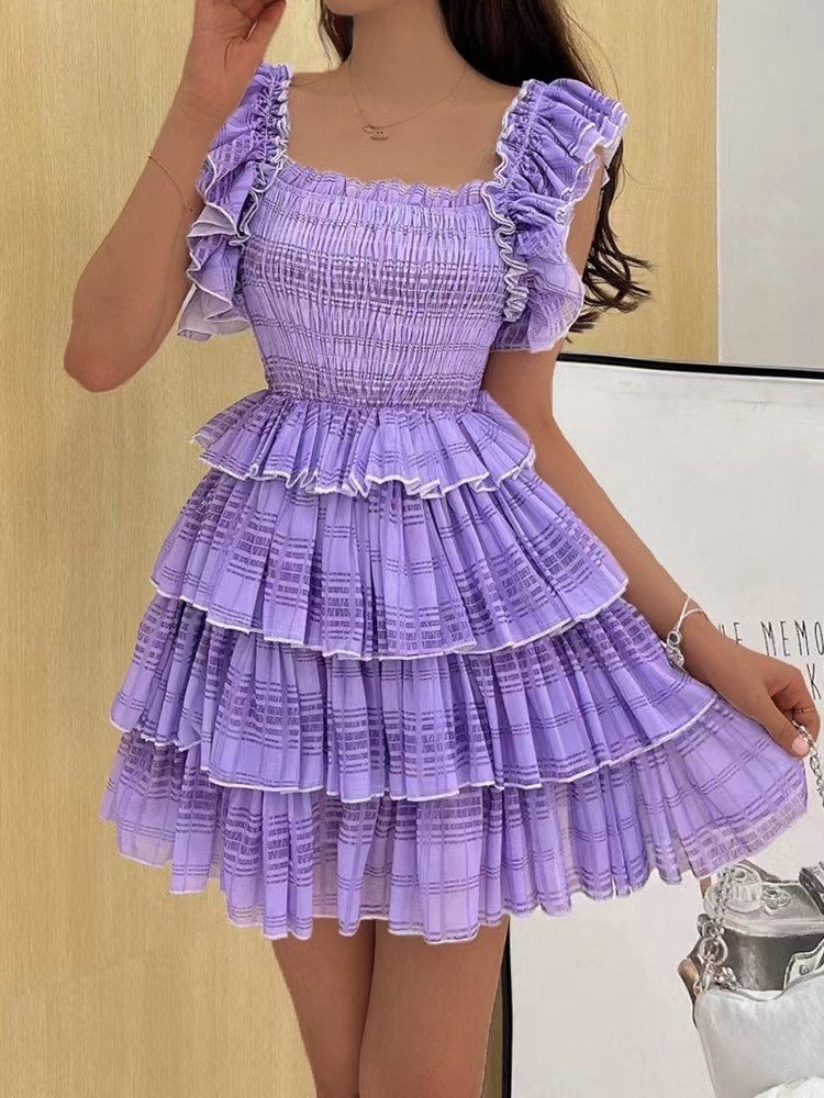 Women's Dresses Short Sleeve Overlayed Pleated Mini Dress