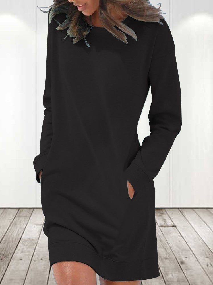 Women's Dresses Solid Crew Neck Long Sleeve Pocket Dress