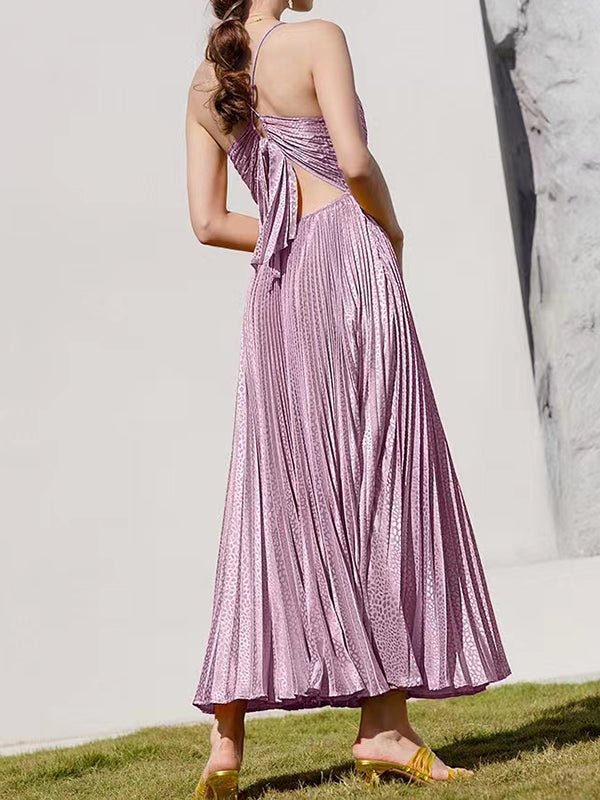 Women's Dresses Solid Strap V-Neck Pleated Maxi Dress