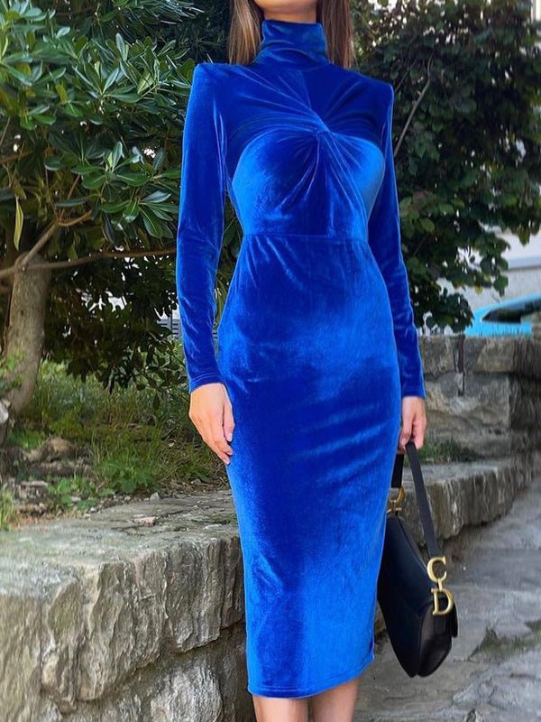 Women's Dresses Solid Turtleneck Velvet Long Sleeve Dress