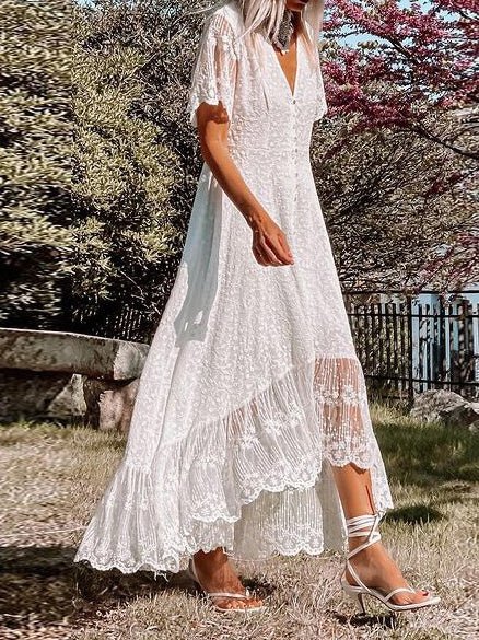 Women's Dresses V-Neck Lace Button Short Sleeve Dress